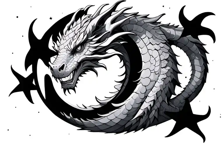 Dragon With Moon Surrounded By Stars