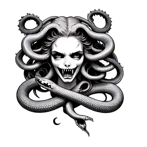 Gothic Aggressive Medusa Tattoo With Fangs And Snakes