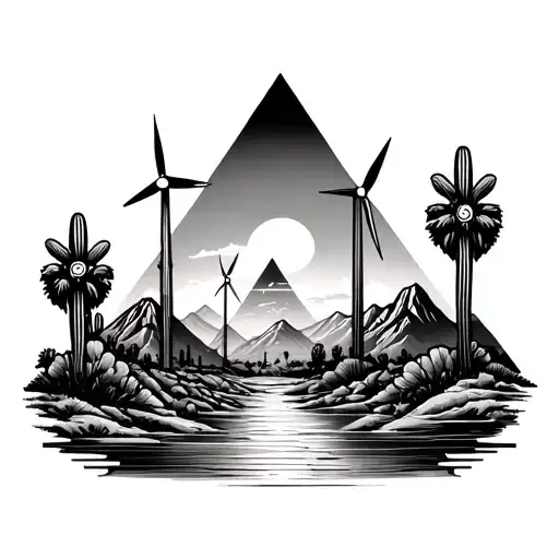 Palm Springs Mountains With Windmills And Cactus And 3 Triangles Staggered