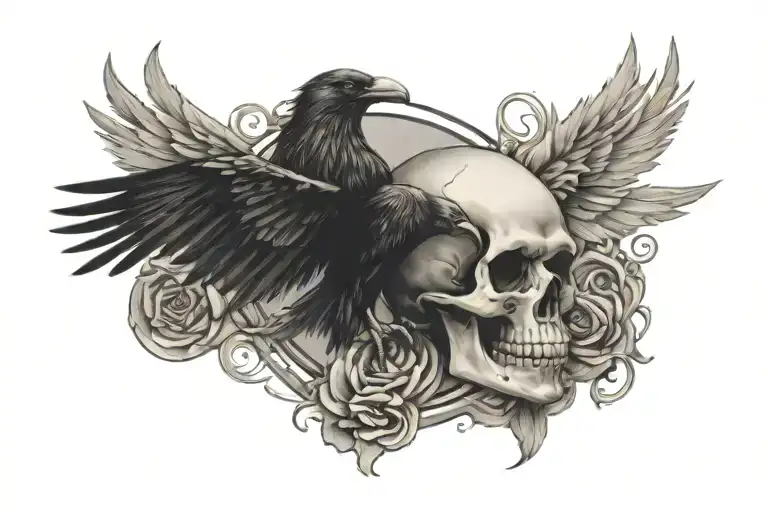 Skull In Center With A Raven On One Side Flying Toward And A Dov On The Other Flying Toward