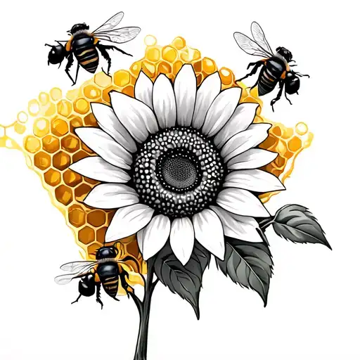 A Honey Comb With Bees And A Single Sunflower Strategically Placed