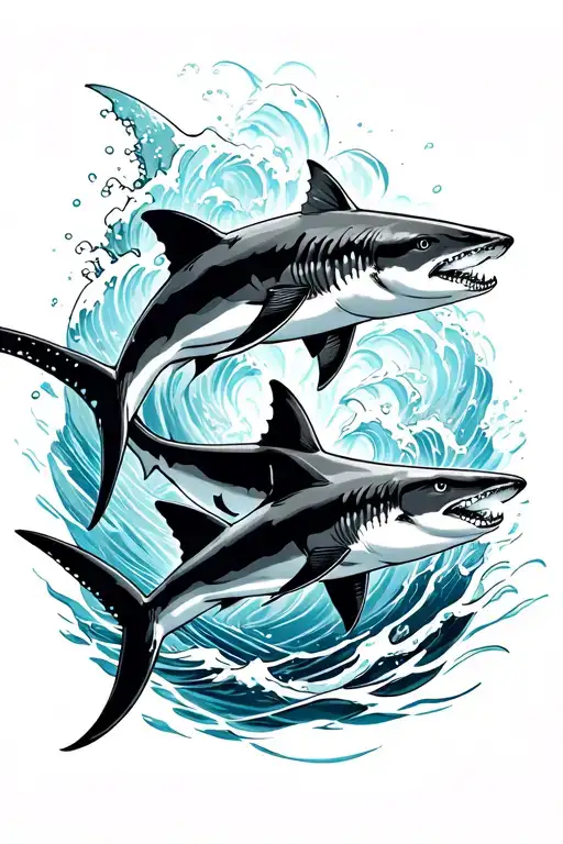 Three Sharkes Swimming With The Ocean Waves Surronding Them