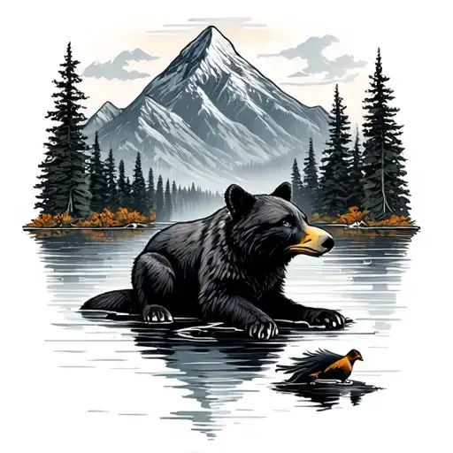 Mountain Lake Scene With A Fox A Blad Eagle S D A Black Bear