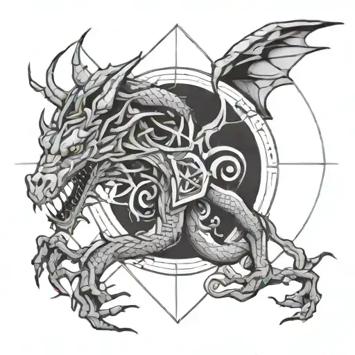 Scared Geometry With A Simple Line Dragon Integrated Within The Geometry Itself