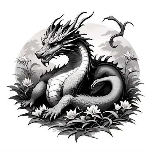 Dragon Resting In The Woods Surrounded By Irises