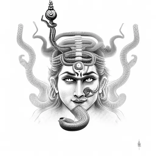 Snake And Lord Shiva In Black-grey Style