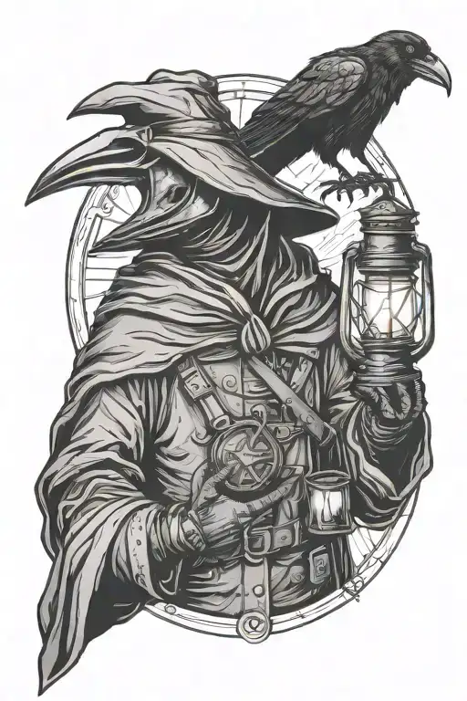 Plague Doctor Holding A Lantern With A Raven On His Shoulder
