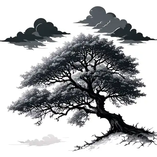 Willow Tree With Clouds Between Branches Reaching Towards