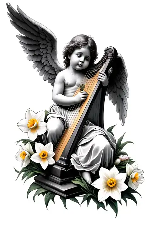 Baby Angel Playing Harp Surrounded By Daffodils