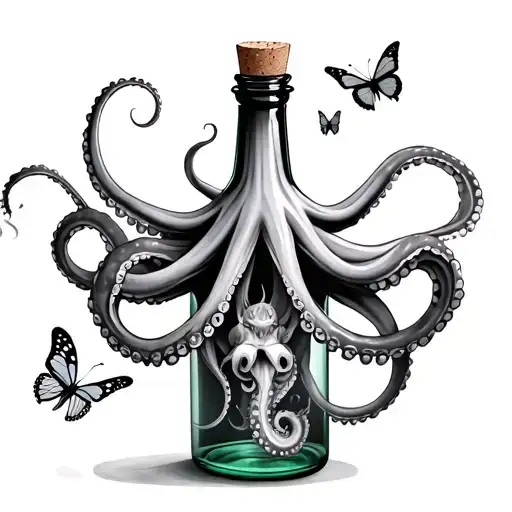 Octopus Tentacles In Cork Bottle With Small Butterflies On Bottle