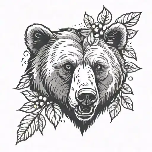 Bear Head With Blueberry Branches And Blueberries Hand