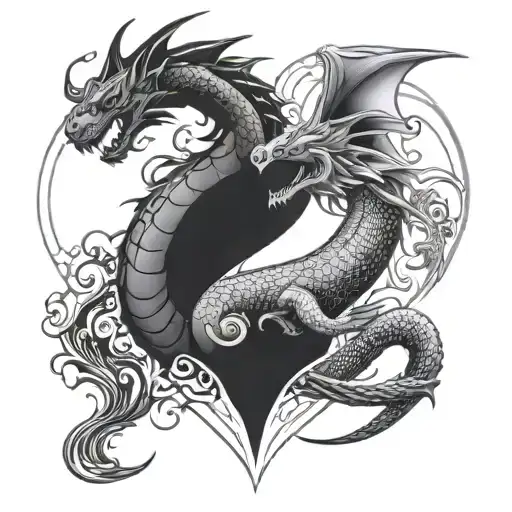 Dragon And Mermaid In Heart Shape Outline