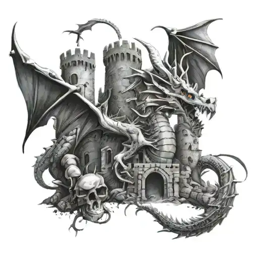 Dragon Protecting Castle Ruins Intertwined Littered With Skull And Bones At Bottom
