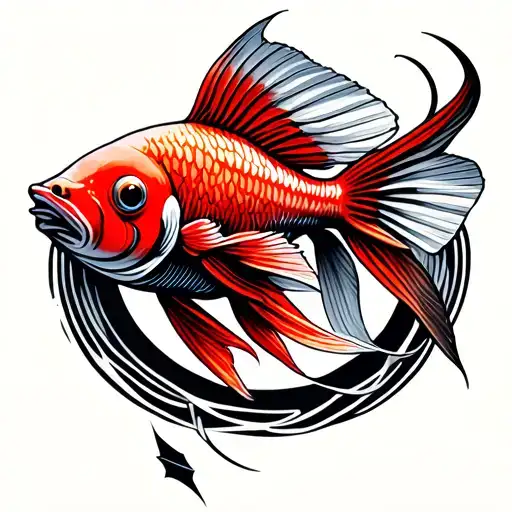 Red Siamese Fish With Arrow And Circle Lines Abstract For Wrist Minimalist