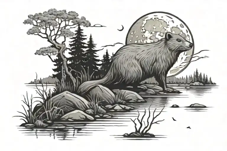 Forest With A River And Beaver Building A Dam And A Large Bright Moon