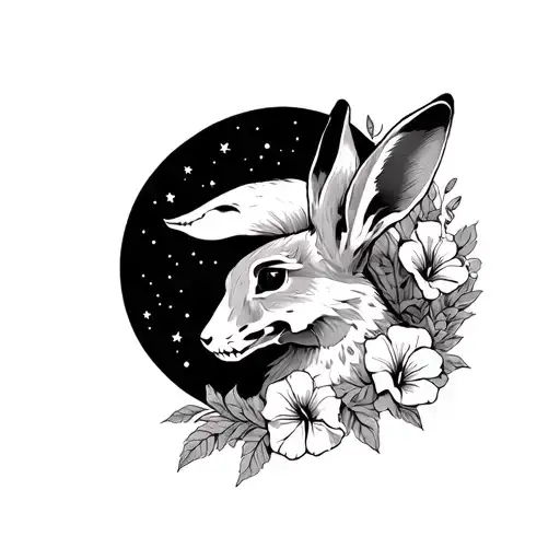 Full Body Hare Wearing A Fox Skull Surrounded By A Cresent Moon With Hibiscus