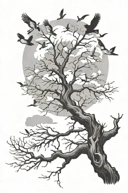 Dead Tree With Birds Flying Around And Clouds In The Background