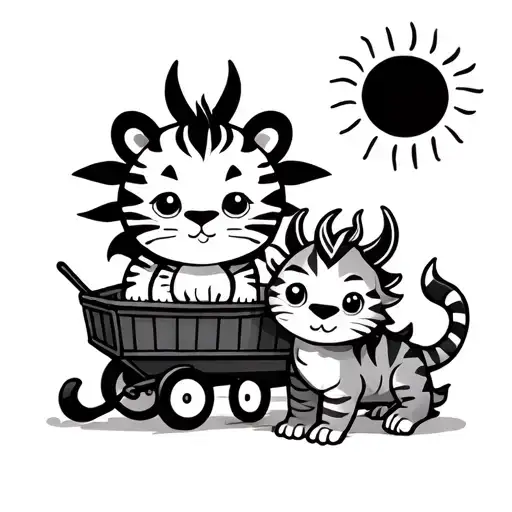 Small Cute Cartoon Tiger And Dragon With A Sun And Cart