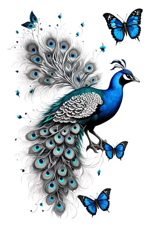 Peacock With Butterflies On Side Of Thigh