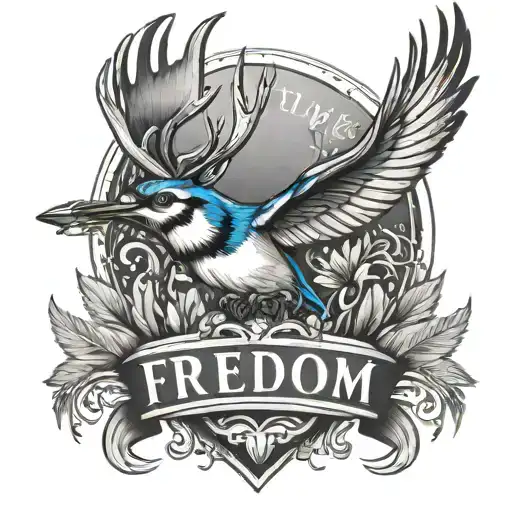 A Tattoo With Deer Antlers And Blue Jay Feathers With The Word Freedom