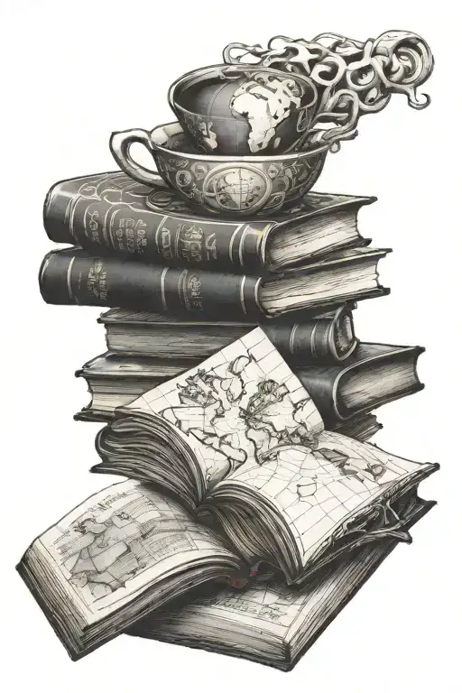 A Coffee Cup Morphing Into A Stack Of Books With A World Map In The Background