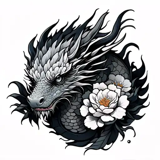 Dragon Wrapped Around Higanbana Flowers