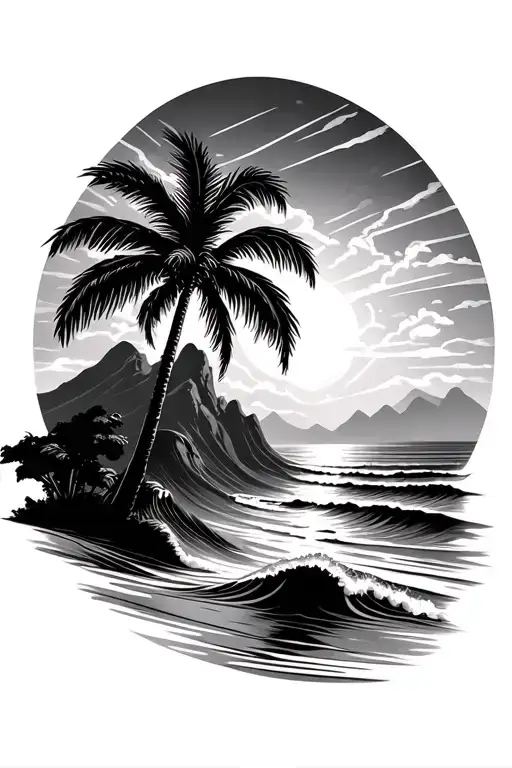 Sunrise Over Mountain With Beach Palm Tree And Wave Ripples