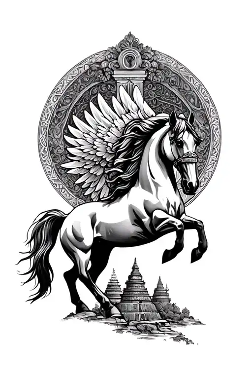 Horse With Wings Stupa In The Background Black And White