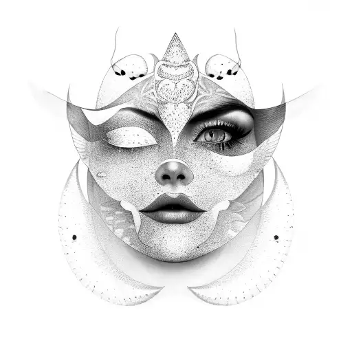 Woman Face Covered With A Lunar Moth Like A Mask With A Crescent Moon Over Her