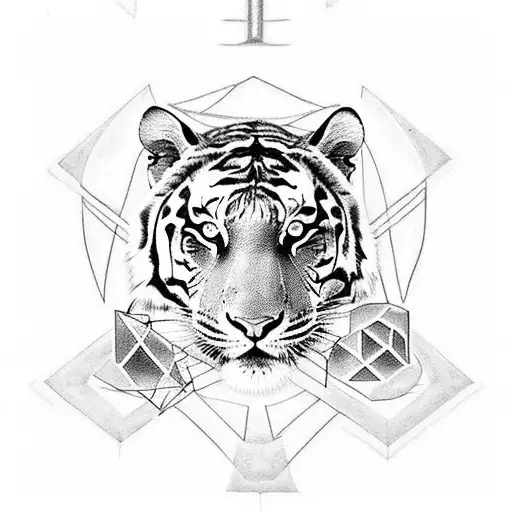 An Occult Themed Tattoo Featuring A Tiger Surrounded By Mysterious Symbols And Runes