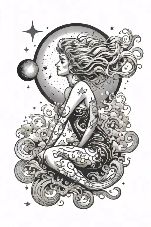 Female Sfull Body Ilhouette With Gas Clouds And Stars And Moon Surrounding Her