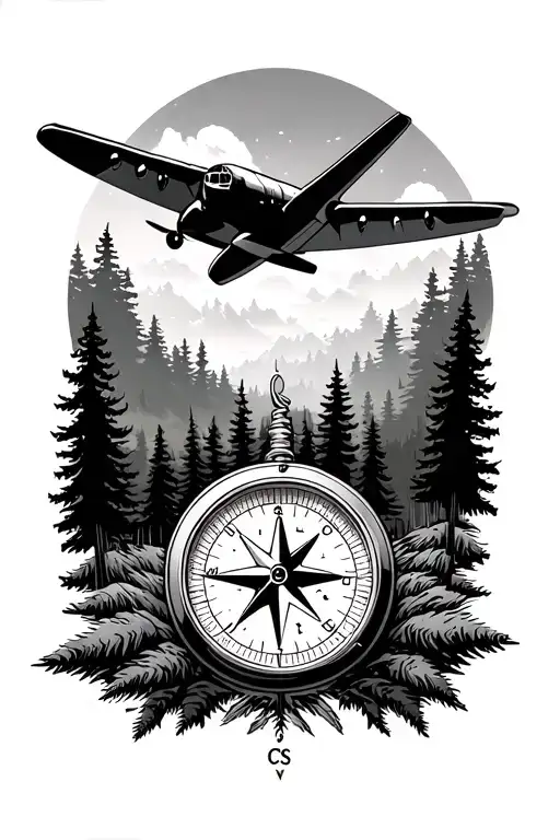 Compass And Airplane Flying Through A Forest