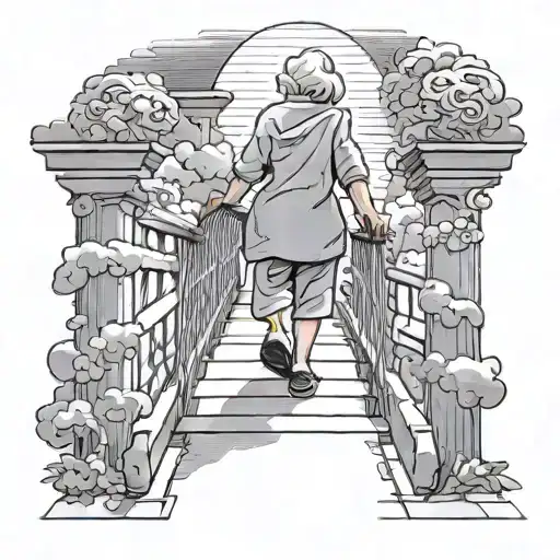 Elderly Woman With A Folding Walker Entering In The Heaven Stairway