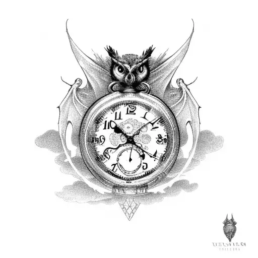 An Old Fashioned Pocket Watch Surrounded By A Dragon With An Owl Sitting In Front