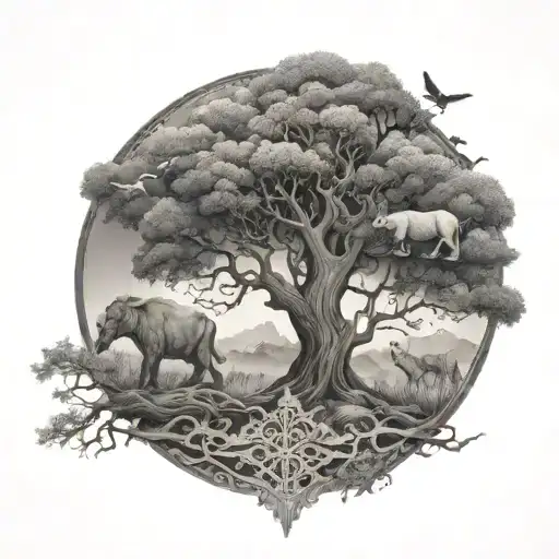 Misty Tree Of Life With North American Animals Boardering