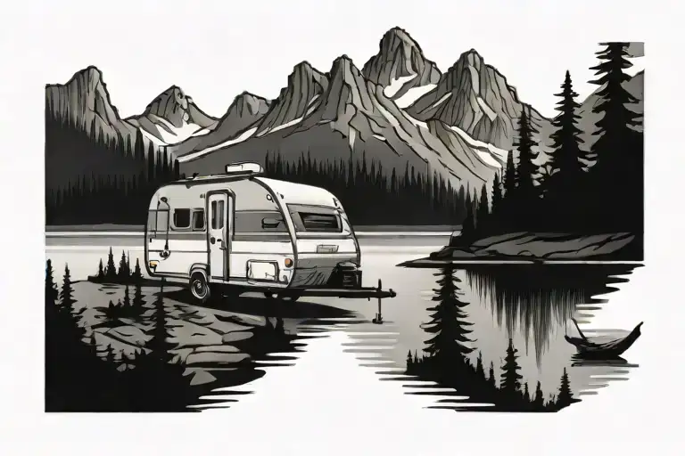Travel Trailer Camping Lake Surrounded By Mountains