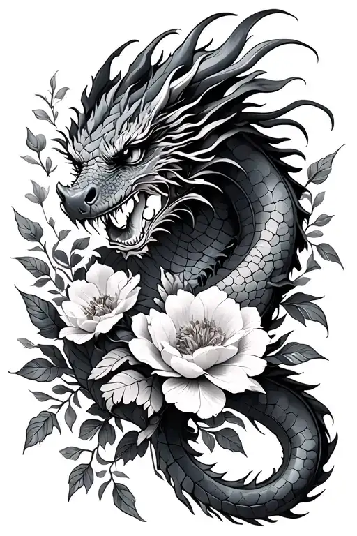 Dragon And Flowers Classic Black Fine Line Less Realistic Style