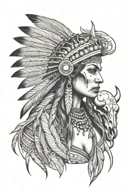 Feathered Indian Woman With A River And Buffalo Skull