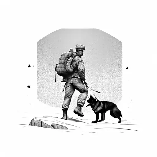 A Silhouette Of A Soldier Hiking With A German Shepherd By His Side