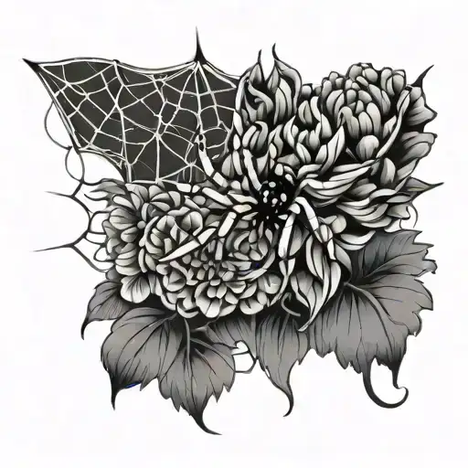 Spider Dangaling From A Web With Chrysanthemums Flower