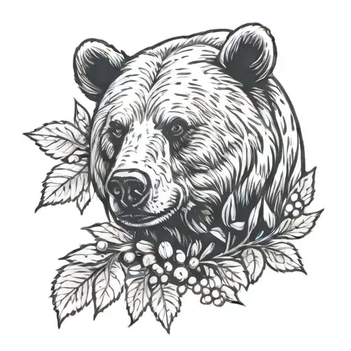 Bear Head With Blueberry Branches And Blueberries Hand Tattoo Add Blue Colour To The Blueberries