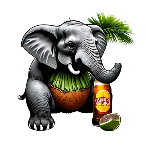 Elephant Sitting Wearing A Coconut Bra With Its Trunk Up Skulling A San Miguel Light Beer