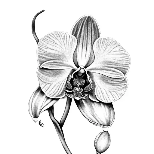 A Black-grey Tattoo Depicting A Realistic Orchid With Delicate Vines And Leaves