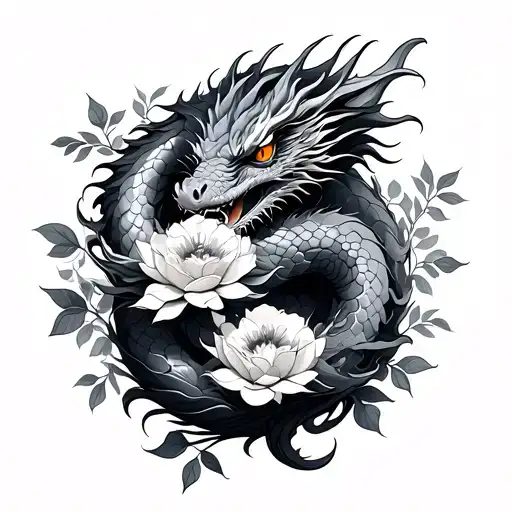 Dragon Wrapped Around Higanbana Flowers