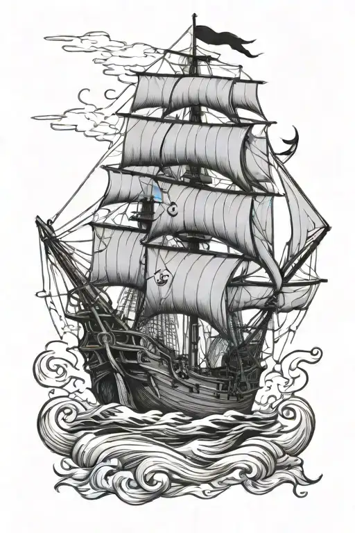 Pirate Ship Sailing With Black Beards Flag