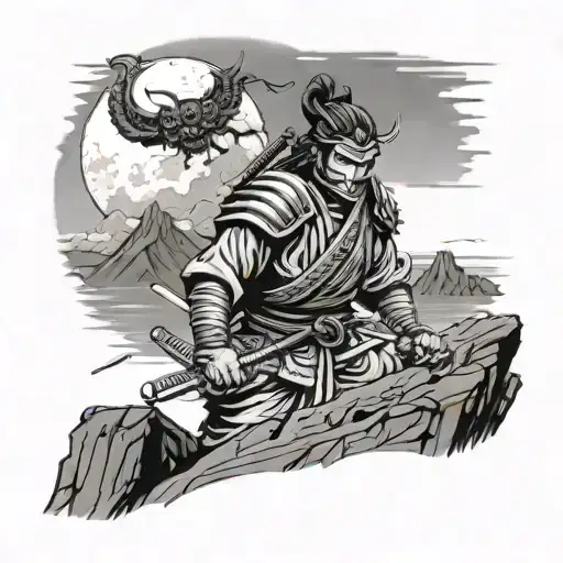 Realistic Samurai On A Cliff In The Moonlight Looking At Us With An Oni Mask