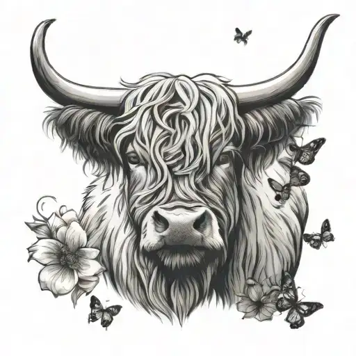 Pretty Highland Cow With A Butterfly
