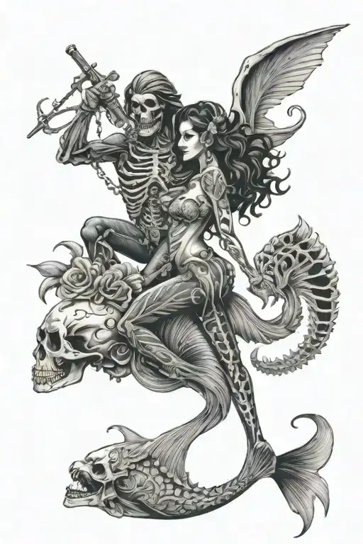 Diver And Mermaid In Skeleton Holding