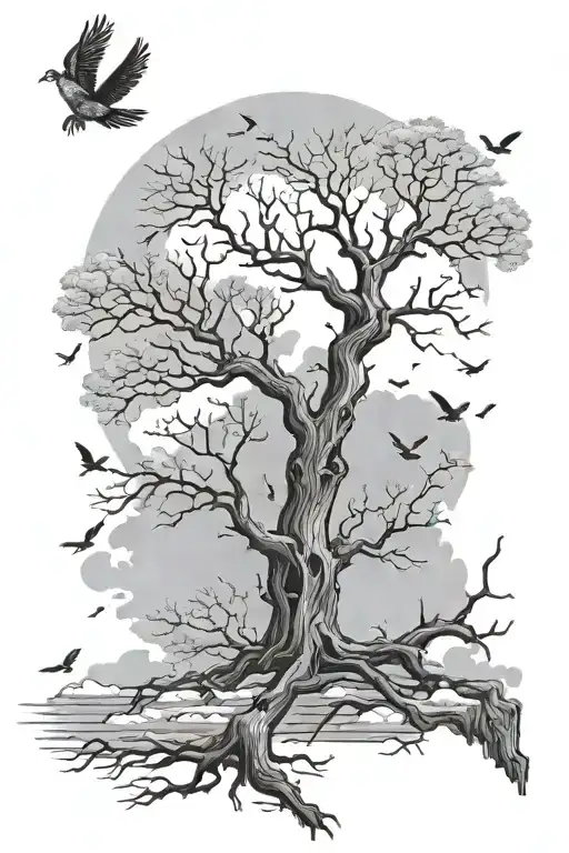 Dead Tree With Birds Flying Around And Clouds In The Background