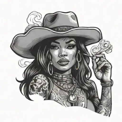 Black Cowgirl With Cowboy Hat And Tattoos Smoking Weed